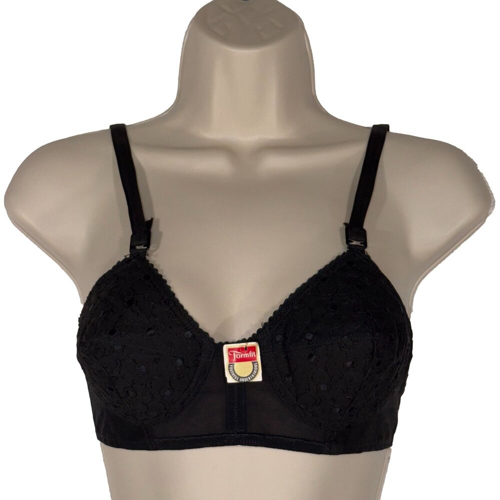 Vintage Formfit Black Embroidered Bullet Bra Deadstock Made in USA 50s 60s 32A